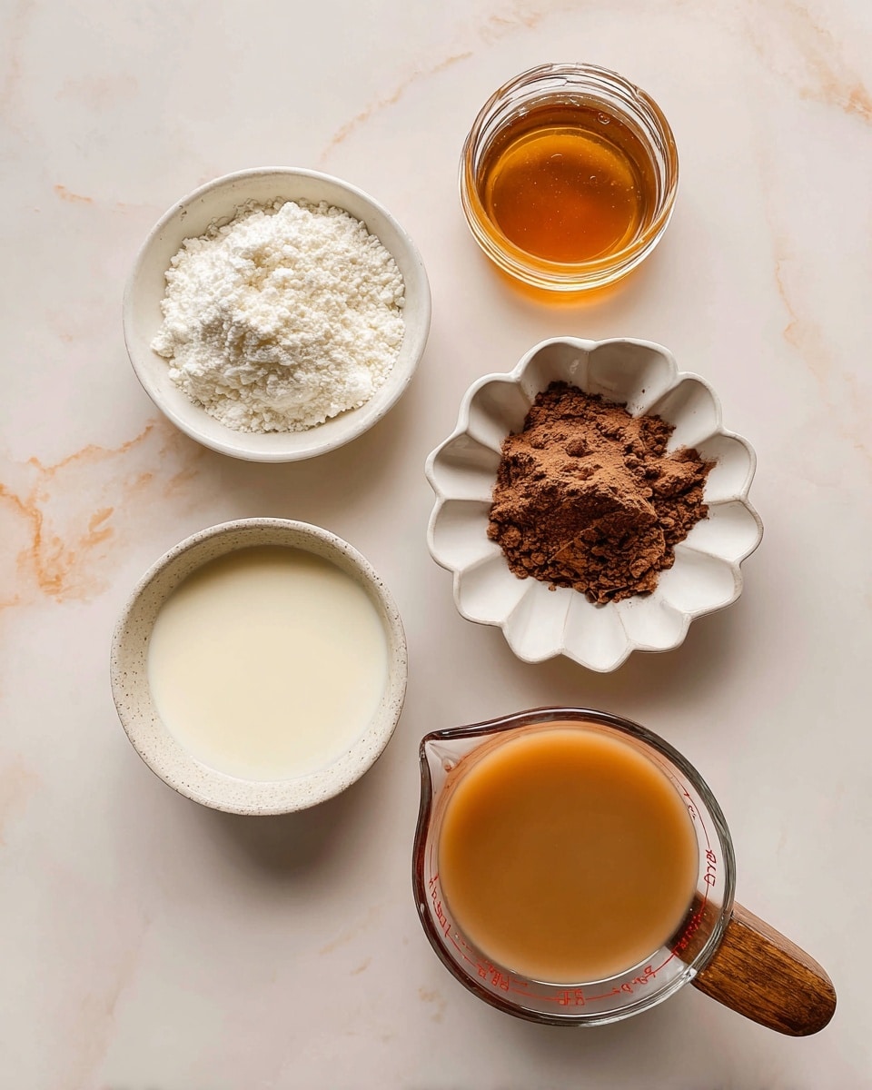 The image shows five ingredients arranged neatly on a white marbled surface from top to bottom and left to right. At the top left, there is a small white bowl holding fine white collagen powder. To the right of it, there is a small clear jar filled with amber maple syrup. Below the collagen bowl, a small white bowl contains creamy white milk of choice. Next to it on the right, a scalloped white bowl holds a dry, brown cacao powder with a slightly crumbly texture. At the bottom right, a clear measuring cup with a wooden handle is filled with light brown chicken bone broth, smooth in texture. The scene is lit naturally, showing clear details and soft shadows, photo taken with an iphone --ar 4:5 --v 7
