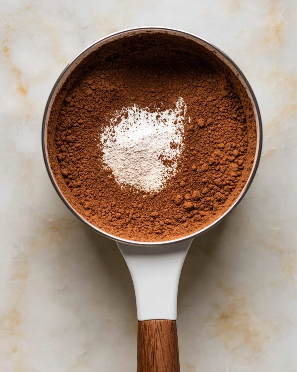 A white saucepan with a wooden handle sits on a white marbled surface, filled with a layer of rich brown cocoa powder covering most of the inside. On top of the cocoa powder, there is a small pile of fine white powder placed slightly off-center. The texture of the cocoa powder is dry and crumbly, creating an uneven surface. Photo taken with an iphone --ar 4:5 --v 7