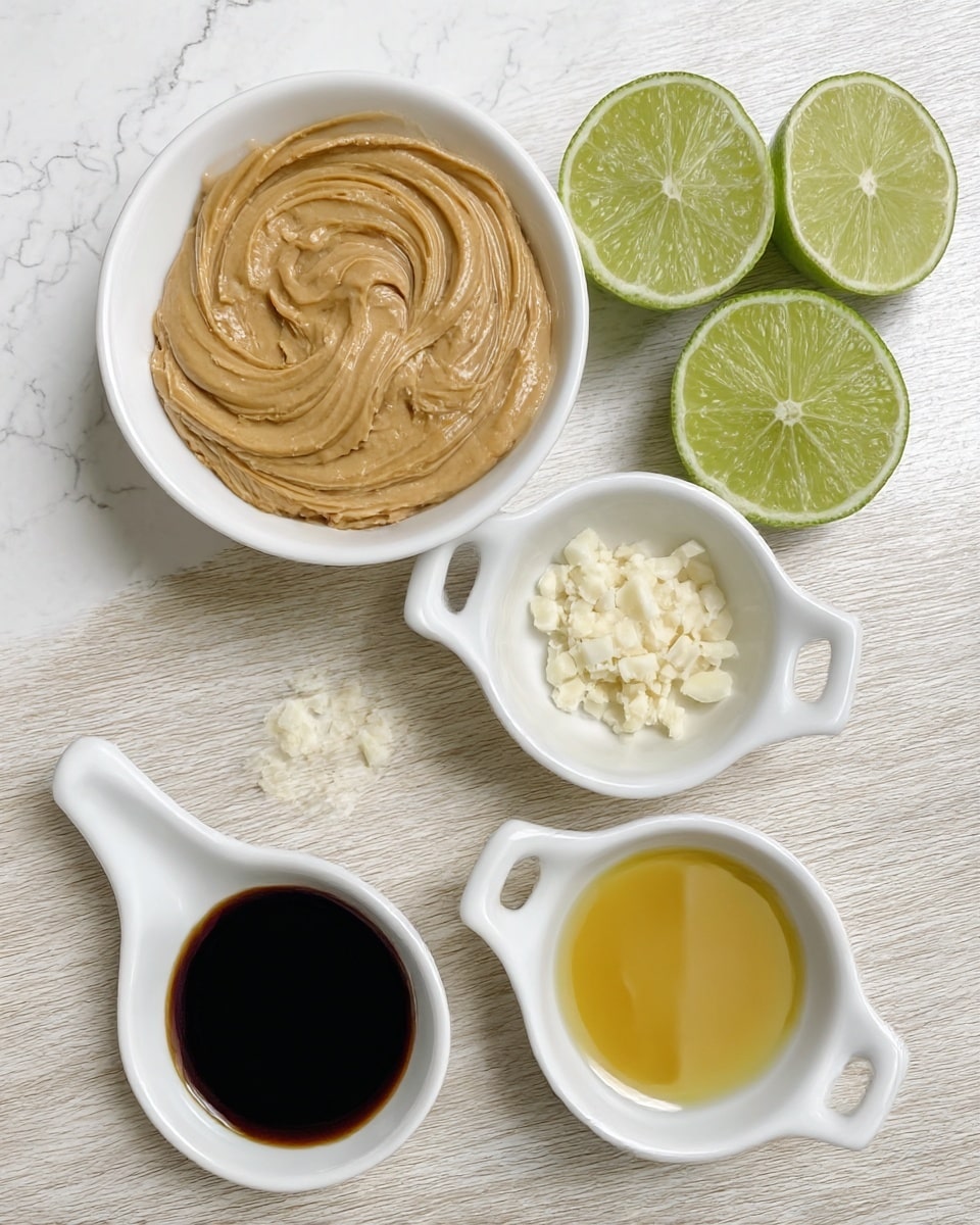 The image shows five white dishes and two lime halves on a light wooden surface changed to a white marbled texture. At the top left, a small white bowl holds a thick swirl of smooth light brown peanut butter with creamy texture. To the right, two lime halves show light green, juicy interiors. Below the peanut butter, a small white dish with two handles contains small white chopped garlic pieces. Next to it on the right, another small white dish with two handles has a thick light yellow honey layer. Below that, the last small white dish with two handles holds a dark brown soy sauce, smooth and shiny. All items are arranged closely and clearly visible, photo taken with an iphone --ar 4:5 --v 7