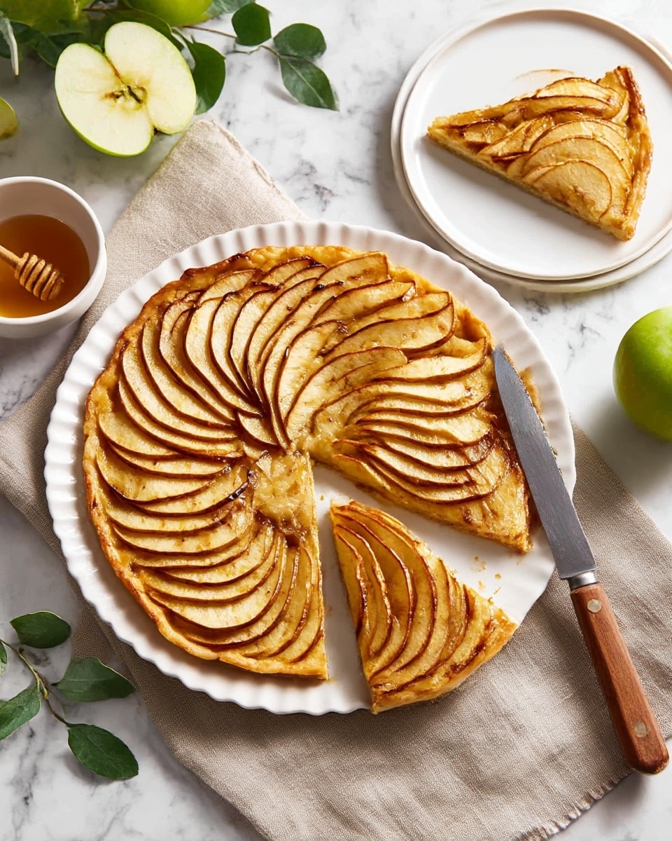 A round apple tart with thin, caramelized apple slices arranged in overlapping, curved layers that spiral from the center to the edge, showing a golden-brown color with slightly darker edges. The tart sits on a white fluted plate with a flaky, golden crust visible around the edges. One slice is cut and slightly separated from the tart. A knife with a wooden handle lies on the right side of the plate. The plate is placed on a beige linen cloth over a white marbled surface. In the background, there is a white plate with another slice of tart, a small bowl of honey or syrup, green apples, and some green leaves. Photo taken with an iphone --ar 4:5 --v 7