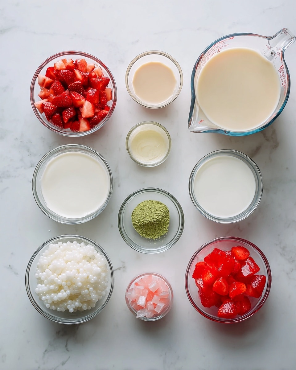 This image shows eight clear glass bowls and measuring cups placed on a white marbled surface, each containing a different ingredient. From left to right, the top row holds fresh chopped strawberries in a medium round bowl; evaporated milk in a large measuring cup with light beige liquid; condensed milk in a small round bowl with pale creamy liquid; matcha powder in a small round bowl with bright green powder; and regular milk in a large measuring cup with white liquid. The bottom row has sago pearls in a medium round bowl with small white tapioca pearls; strawberry nata de coco in a medium round bowl with translucent white cubes; and strawberry jelly hearts in a medium round bowl with small, bright red jelly pieces. Labels in a simple black font float above each container. The setup is clean and bright with natural light photo taken with an iphone --ar 4:5 --v 7