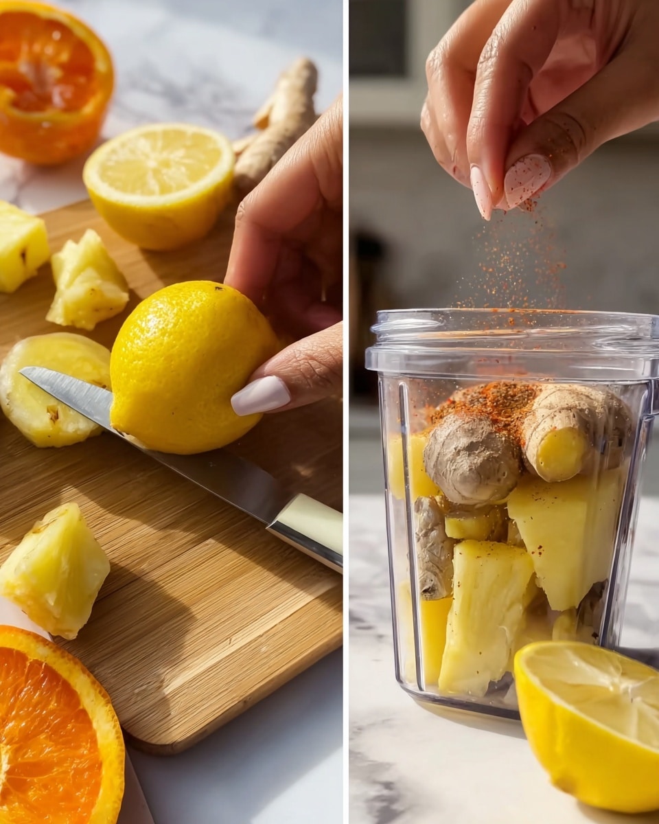 The image shows two side-by-side close-up scenes. On the left side, a woman's hand is holding a lemon while a knife slices into it on a wooden board, with pieces of pineapple and orange segments in the background, all on a white marbled surface. On the right side, a woman's hand is sprinkling red spice over a transparent blender cup filled with chunks of lemon, pineapple, and turmeric roots, with a lemon slice on the white marbled background. Photo taken with an iphone --ar 4:5 --v 7