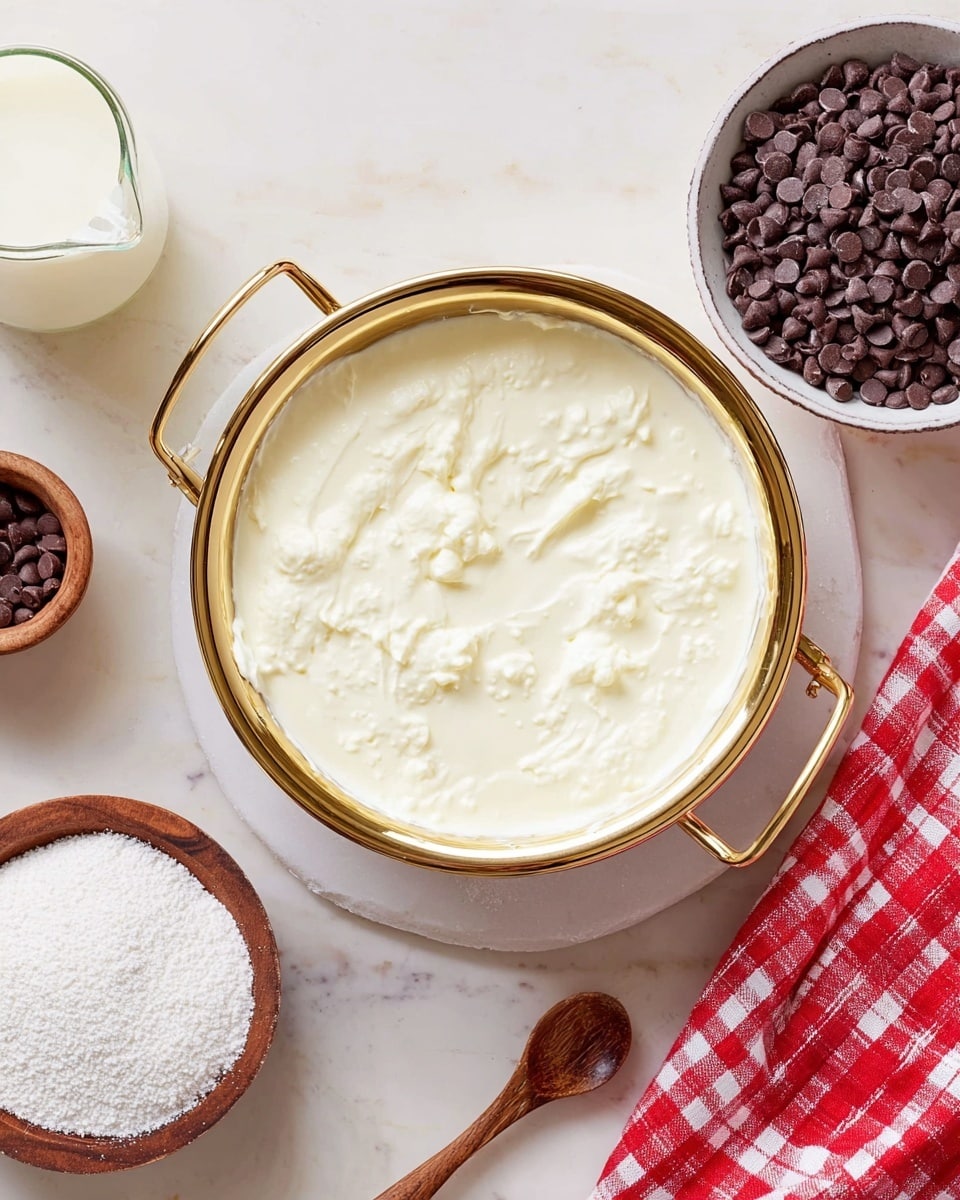 A white creamy mixture sits thickly inside a round gold-colored metal strainer with handles on both sides, placed over a white bowl. Around the strainer, on the white marbled surface, are a white bowl filled with small dark brown chocolate chips, a white bowl with fine powdered white sugar and a small wooden spoon, a glass of white milk, and a red and white checkered cloth. All items contrast against the white marbled background, creating a baking preparation scene. Photo taken with an iphone --ar 4:5 --v 7