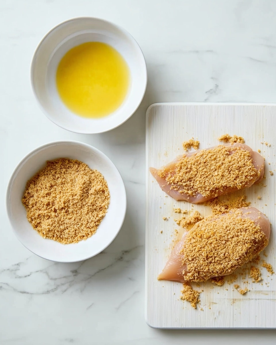 The image shows three pieces of raw chicken in different stages of coating on a white marbled surface. On the left, two white bowls are placed vertically; the top bowl contains a piece of chicken soaked in yellow egg wash with a smooth texture, while the bottom bowl holds a chicken piece being coated with light brown crunchy crumbs. To the right, a white cutting board holds a piece of chicken partially covered with the same light brown crunchy crumbs, resting on the board with some crumbs scattered nearby. photo taken with an iphone --ar 4:5 --v 7