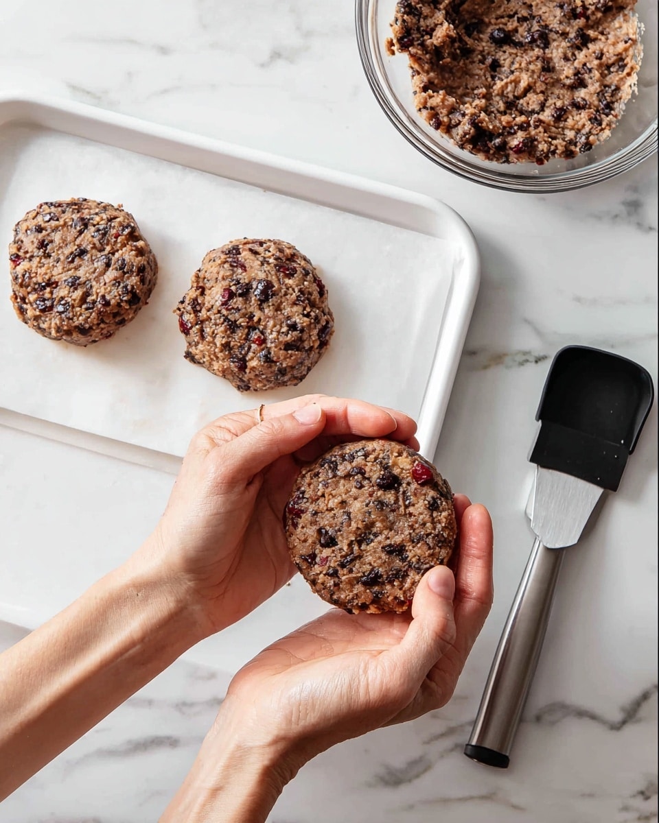 A close-up of woman's hands shaping a round patty made of a chunky brown mixture with visible black and red bits, positioned above a white tray holding two similar patties on a white marbled surface. To the right, there is a clear glass bowl with more of the chunky mixture and a black scoop inside it. A metal spatula lies near the tray on the white marbled background. Photo taken with an iphone --ar 4:5 --v 7