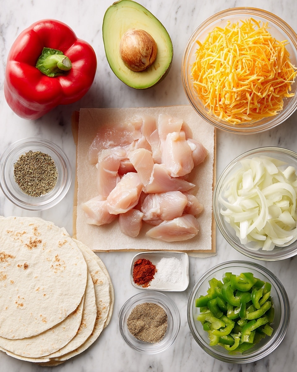 The image shows raw cut chicken pieces placed on a small square parchment paper in the center over a white marbled surface. Surrounding the chicken are two whole red bell peppers and half an avocado cut vertically showing its green flesh and seed. To the top right, there are two clear glass bowls with shredded cheese, one with orange cheddar and one with white cheese. Below the chicken pieces are four white flour tortillas, stacked and slightly overlapping. Small clear glass bowls hold dry spices: one with oregano, one with ground cumin, one with chili powder, and another with thinly sliced white onions and chopped green peppers. The arrangement is neat and all ingredients are shown clearly photo taken with an iphone --ar 4:5 --v 7