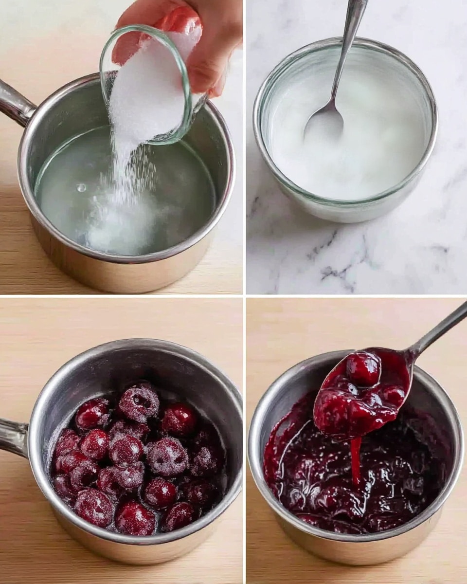 The image shows four smaller pictures in a grid. In the first picture, a woman's hand pours white sugar into a silver pot with a little water, which is clear and shiny metal. The second picture shows the sugar and water mixed into a smooth, shiny, white liquid inside the same pot with a metal spoon resting inside. The third picture shows red cherries covered in white sugar inside a silver bowl with a metal spoon. The fourth picture shows the cherries cooked down into a thick, dark red sauce with whole cherries still visible, inside the same silver pot with a spoon lifting some sauce. All of this is on a light wooden surface changed to white marbled texture. photo taken with an iphone --ar 4:5 --v 7