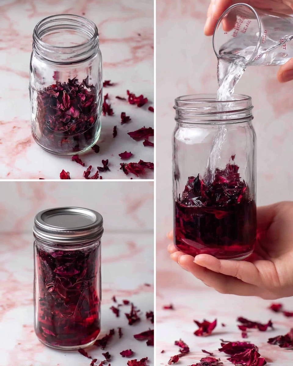 The image shows a three-step process with a white marbled background scattered with dark red dried flower petals. The first step shows a transparent glass jar filled with chopped dark red petals. The second step shows water being poured from a small clear measuring cup into the jar, submerging the petals. The third step shows a woman's hand holding the closed jar with a silver lid, filled with dark red liquid and petals inside. photo taken with an iphone --ar 4:5 --v 7