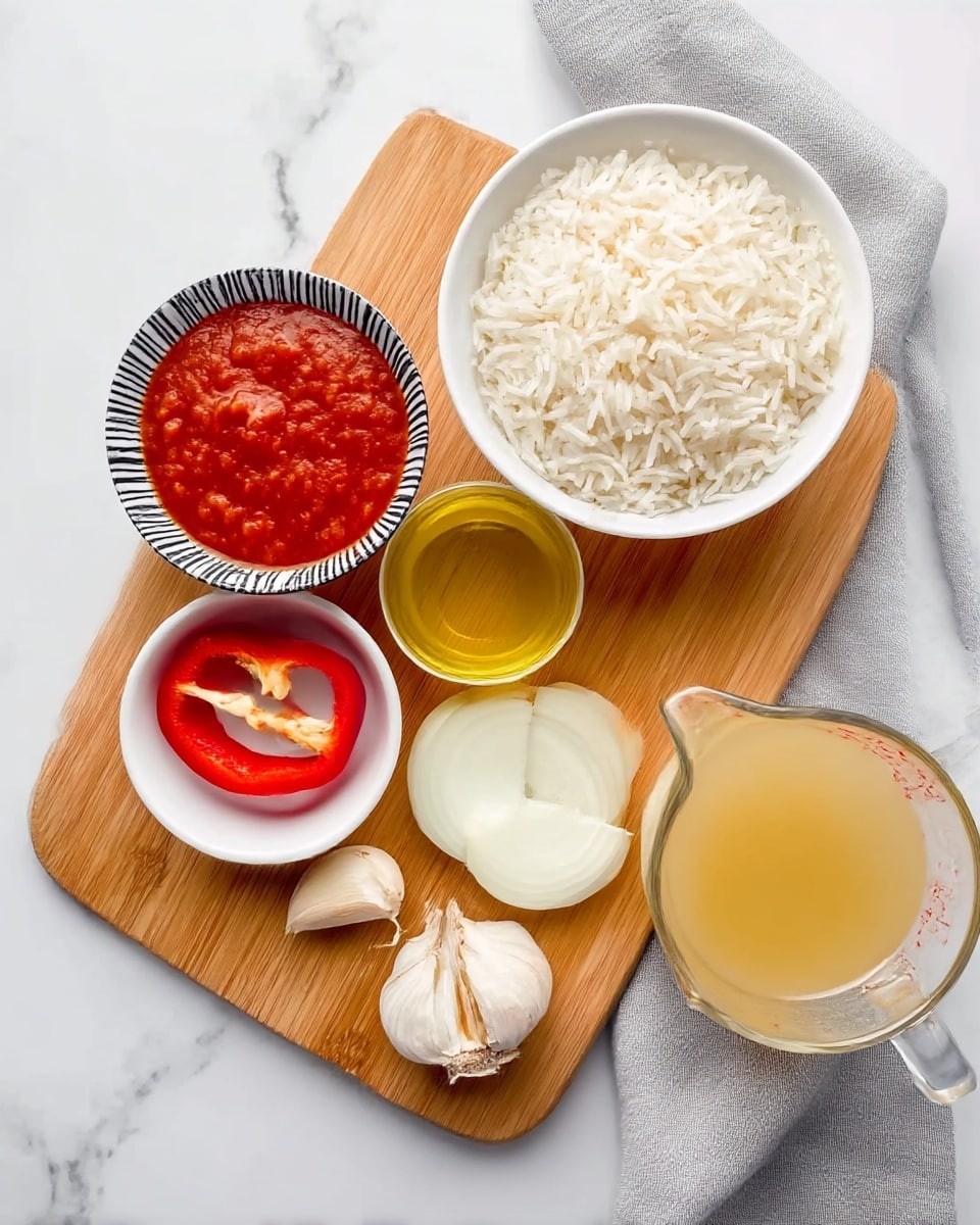 The image shows a wooden board placed on a white marbled surface with a light gray cloth beneath it. On the board, there is a small white bowl filled with plain white rice positioned at the top right. To its left is a small black and white striped bowl containing peeled, white onion quarters. Below on the board, there is a fresh red chili sliced open to show seeds inside, accompanied by two cloves of unpeeled garlic. Next to the garlic is a tiny white bowl containing golden yellow olive oil. To the left of the board, partly off it on the white marbled surface, is a small white bowl filled with thick, red tomato sauce with visible tomato pieces. Positioned at the bottom right corner of the image, just off the board, is a clear glass measuring cup filled with light yellow broth. Photo taken with an iphone --ar 4:5 --v 7