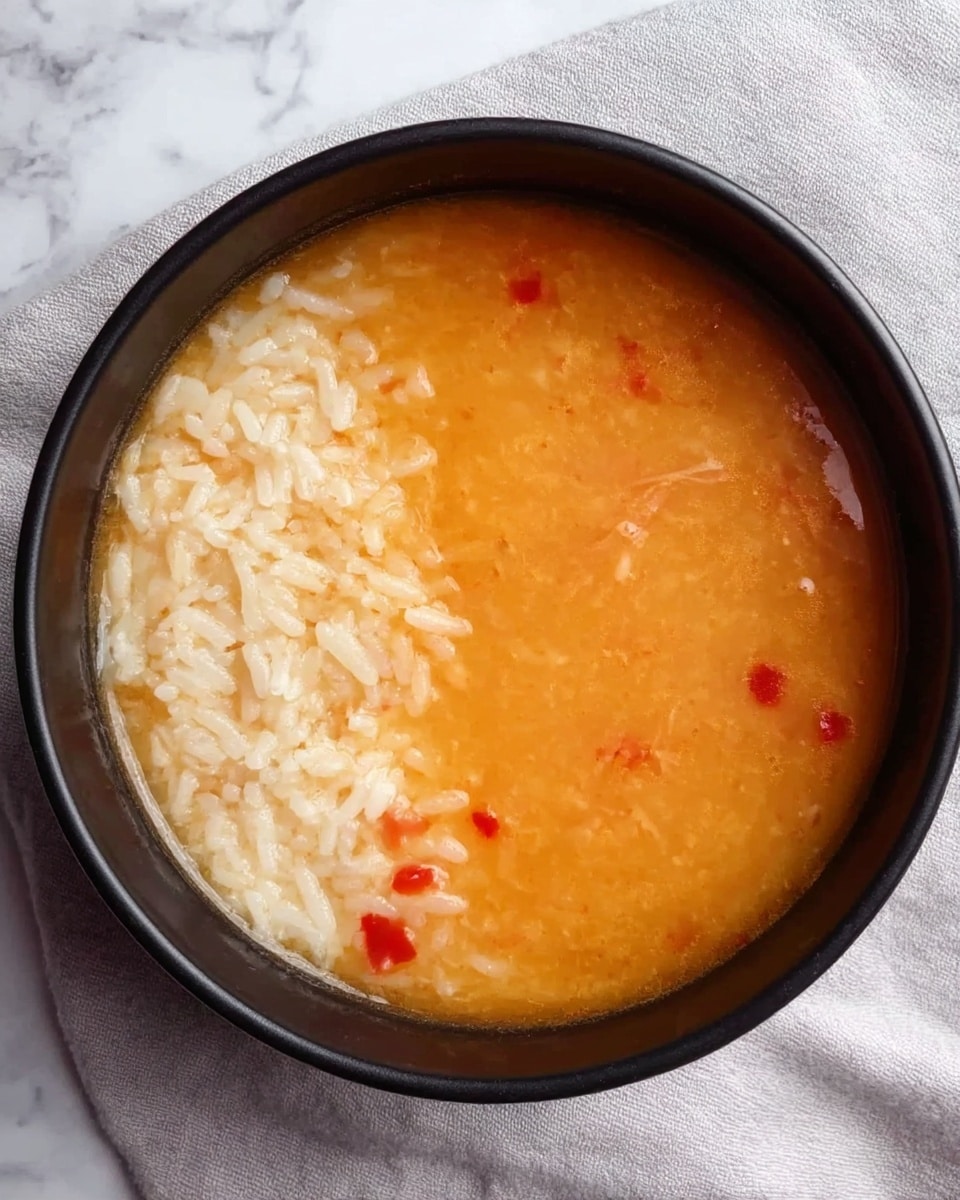 A black bowl filled with soup that has two main layers: one side shows white rice grains soaked in a thin orange broth, and the other side is mostly smooth orange liquid with small red bits scattered inside. The bowl is placed on a light gray cloth, all set against a white marbled surface. Photo taken with an iphone --ar 4:5 --v 7