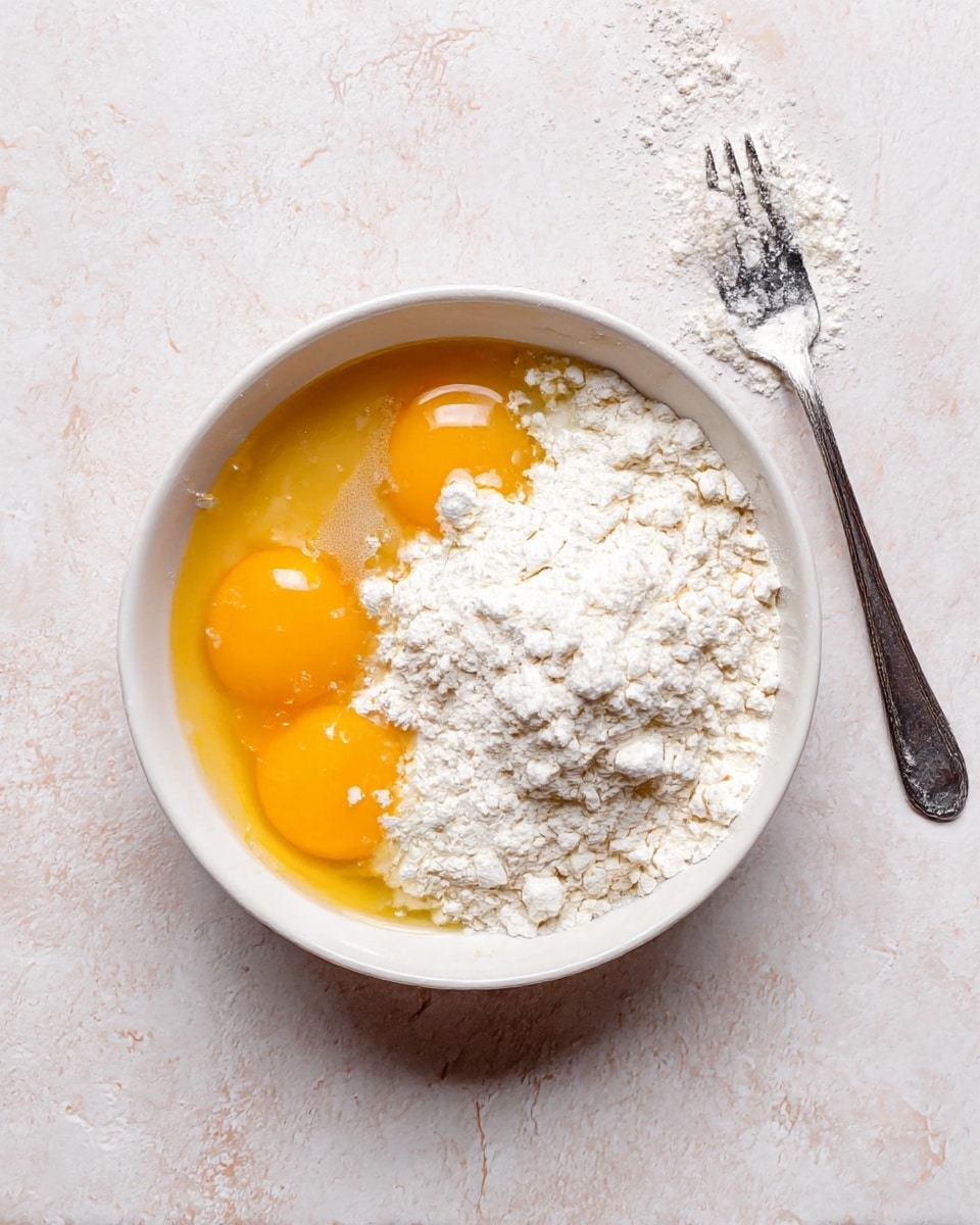 A white bowl seen from above holds three layers of ingredients: a bright orange layer of egg yolks on the left side, a clear, glossy layer of egg whites beneath and around the yolks, and a pile of white flour resting on the right half, creating a contrast between the vivid yolks and the soft powdery flour. The bowl sits on a white marbled textured surface, and a silver fork with some white powder on its tines lies to the right of the bowl. photo taken with an iphone --ar 4:5 --v 7
