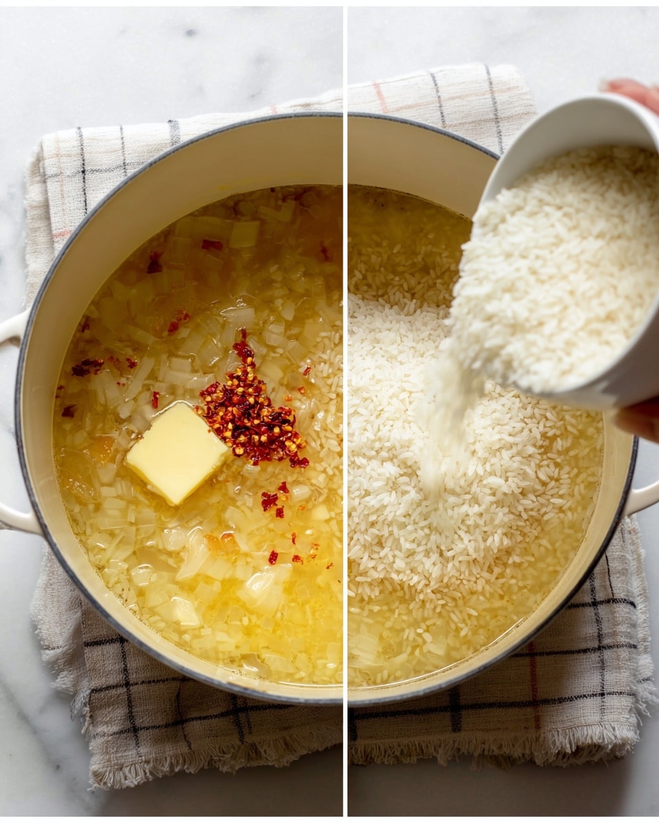 The image shows a cooking pot on a white marbled surface with a soft plaid cloth underneath. Inside the pot, there is a clear broth with small chunks of cooked onions spread evenly at the bottom, a pat of melting butter resting near the center, and red chili flakes scattered on top. A woman's hand is pouring white uncooked rice from a white bowl into the pot, with rice grains visibly falling in mid-air, adding a white texture above the yellowish broth layer. Photo taken with an iphone --ar 4:5 --v 7