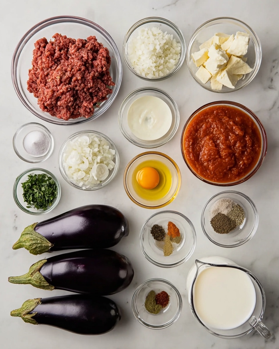 The image shows ingredients neatly arranged on a white marbled surface, mostly held in clear glass bowls. There are four whole eggplants with dark purple shiny skins placed in the front center, surrounded by various ingredients: a bowl of finely chopped white onions, a bowl of fresh ground meat with a rich red color, chopped green herbs in a small bowl, and a bright red tomato sauce in a medium bowl beside them. Other small glass bowls hold minced garlic, olive oil, lemon juice, flour, grated cheese, two egg yolks, and several small portions of spices like salt, pepper, and cinnamon. A clear measuring jug filled with milk is also present on the right side. All items are displayed clearly against the clean white marbled texture. photo taken with an iphone --ar 4:5 --v 7