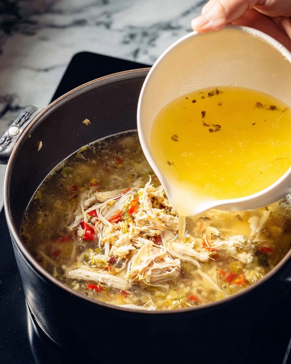 A close-up of a black pot filled with shredded white chicken mixed with pieces of red and green vegetables in a clear broth, while a white bowl is pouring a thick yellow liquid with small vegetable bits into the pot, set on a dark stove with a white marbled surface visible around. A woman's hand is holding the white bowl at the top left corner of the image. Photo taken with an iphone --ar 4:5 --v 7