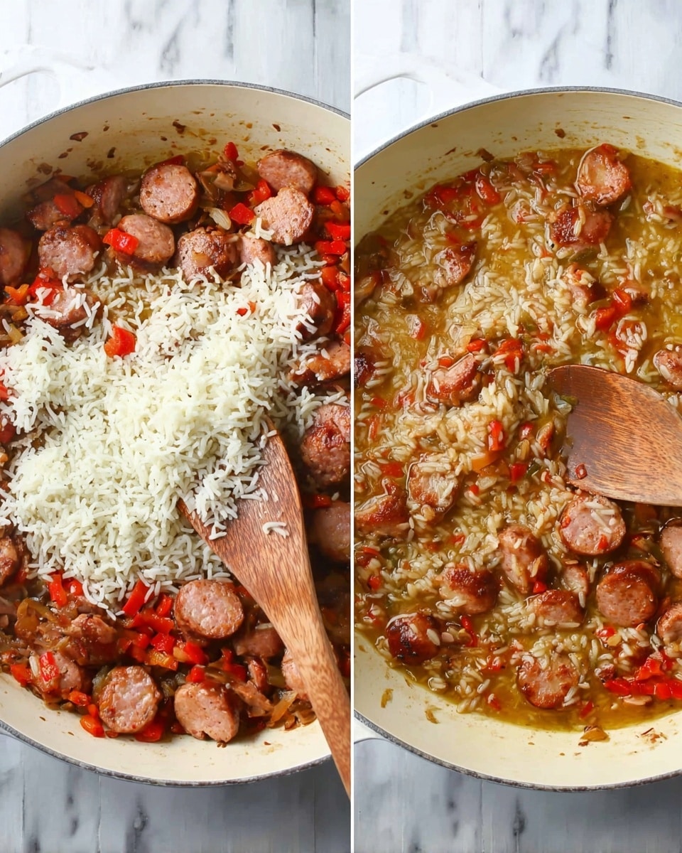 The image shows two stages of cooking sausage and rice in a white pan placed on a white marbled surface. On the left, there is a base layer of sliced sausage pieces mixed with chopped red bell peppers, all browned and cooked, topped with a thick layer of uncooked white rice scattered unevenly over the sausage and peppers. A wooden spoon is resting on the rice, showing a scoop of sausage underneath. On the right, the same white pan shows the rice partly cooked, absorbed in a golden broth mixed with sausage and bell peppers, and the wooden spoon stirring everything together. The colors include the reddish-brown of the sausage, bright red peppers, pure white rice, and light golden broth. Photo taken with an iphone --ar 4:5 --v 7