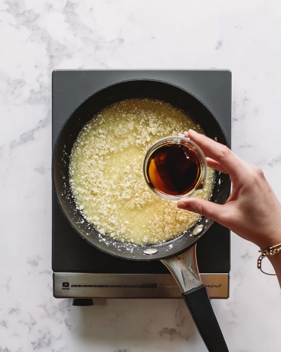 A top view of a black pan on a metal electric stove, containing a bubbling light yellow mixture with small bits inside. A woman's hand is pouring a small glass filled with a dark brown liquid into the pan. The background is a white marbled surface. photo taken with an iphone --ar 4:5 --v 7