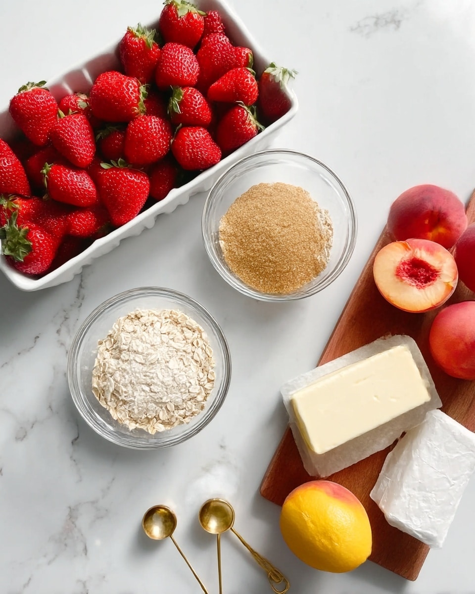 The image shows a white marbled surface with fresh strawberries in a white rectangular dish on the left side. Next to the strawberries are three clear glass bowls arranged in a rough triangle; the top bowl contains light brown sugar, the bottom right bowl has white flour, and the bottom left bowl holds rolled oats. On the right side, there are peaches on a wooden board along with a solid stick of butter wrapped in paper, a whole lemon, and two small gold measuring spoons placed near a small white rectangular dish. The scene is brightly lit, making the colors vivid and fresh. Photo taken with an iphone --ar 4:5 --v 7