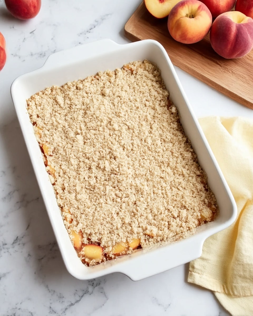 A white rectangular dish filled with an unbaked peach crumble. The bottom layer shows small pieces of peach topped with a thick, even layer of light beige crumb mixture with a grainy texture. The dish is on a white marbled surface, with a pale yellow cloth and a white cloth folded nearby. In the upper right corner, there is a wooden board with whole peaches resting on it. The image shows a calm kitchen setting. Photo taken with an iphone --ar 4:5 --v 7