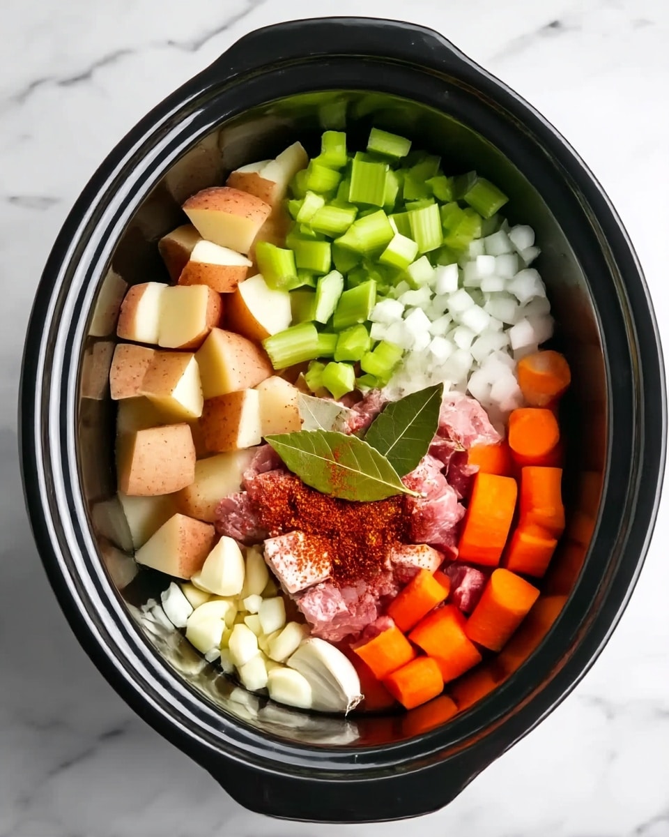 A black slow cooker filled with neatly arranged raw ingredients on a white marbled surface. Inside, there are chunky light brown potato pieces on the left, bright green celery chopped near the top center, finely diced white onions to the right, and bright orange carrot sections stacked vertically on the right side. In the middle lies raw pinkish meat topped with red spices and a bright green bay leaf, while minced garlic is placed near the bottom left. The colors and textures are vivid, showing fresh and distinct ingredients in separate sections, ready for cooking. Photo taken with an iphone --ar 4:5 --v 7