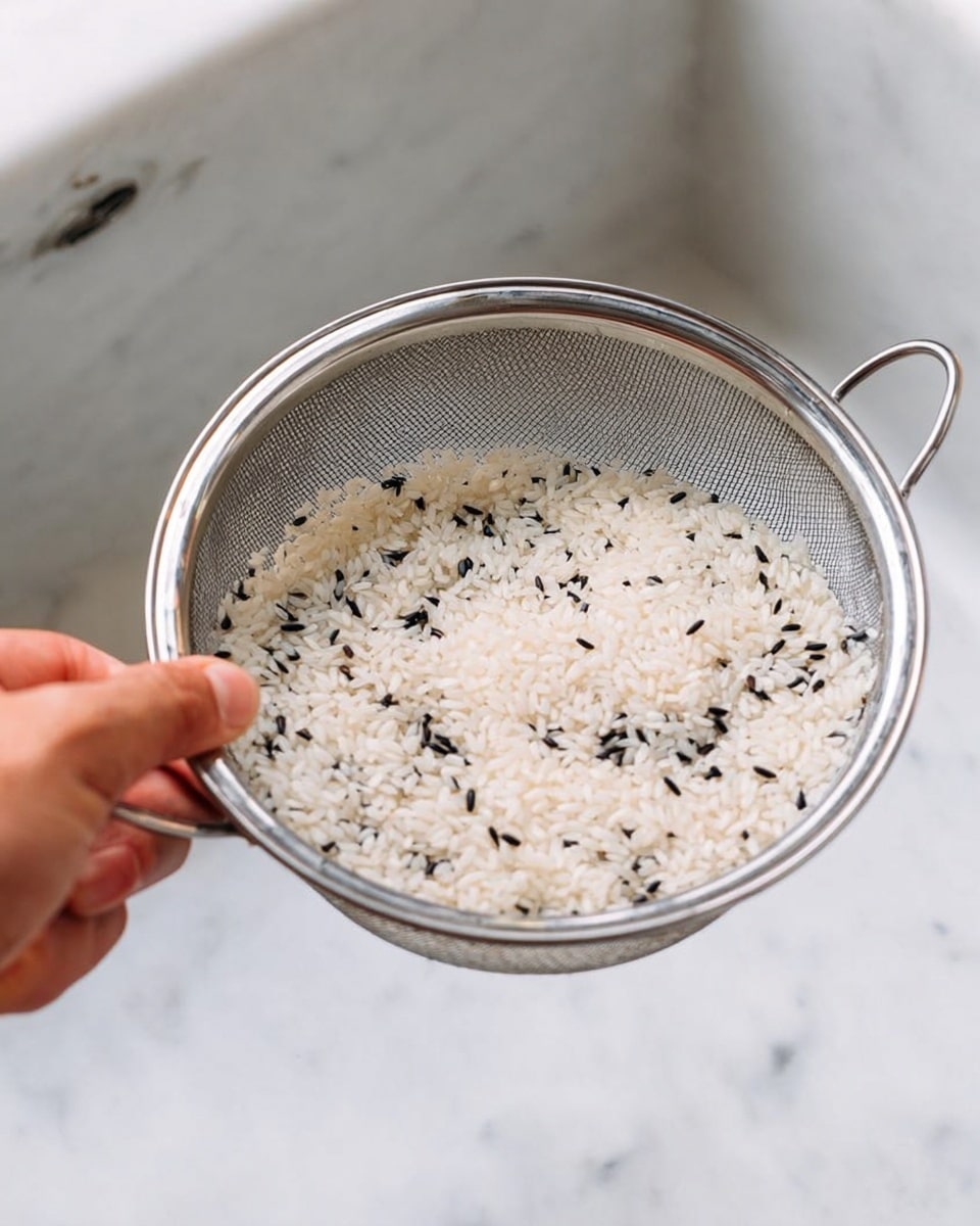 A close-up of a woman's hand holding a metal strainer full of white rice mixed with some black grains, positioned over a white sink. The rice grains are small and round, with the black grains scattered evenly among them. The fine metal mesh of the strainer is visible, with its silver frame and handle. The background shows a white marbled texture around the sink area. photo taken with an iphone --ar 4:5 --v 7
