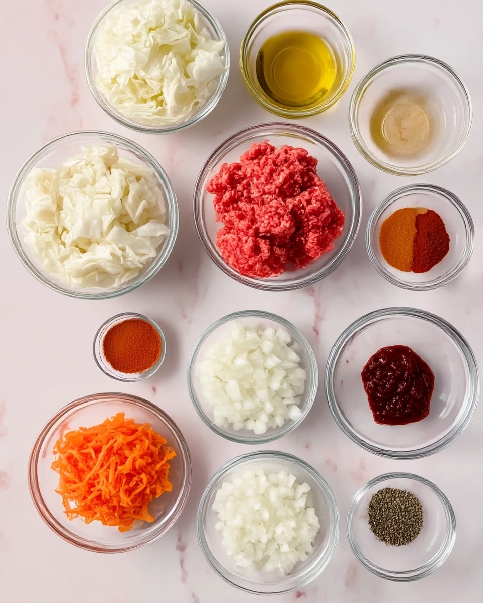 The image shows seven small clear glass bowls placed on a white marbled surface, each containing a single ingredient. One bowl is filled with chopped white cabbage pieces, another with bright red ground beef. There is a small bowl with golden olive oil, a tiny container of dark red paprika powder, a bowl of light brown beef stock, a small bowl of orange grated carrot, and a tiny dish with a small amount of dark ground black pepper. There are also separate clear bowls with chopped white onion, a small heap of white salt, and dark red tomato paste arranged neatly. Photo taken with an iphone --ar 4:5 --v 7