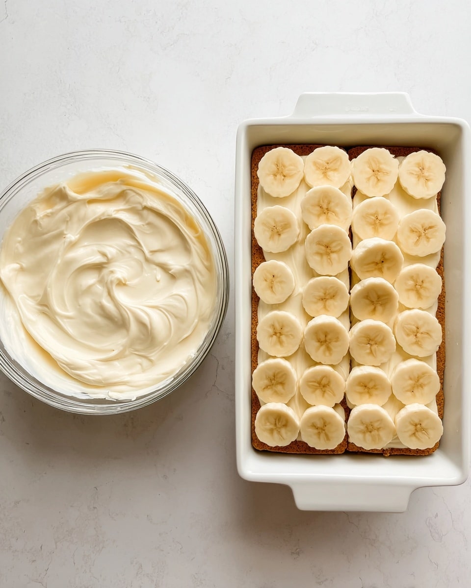 The image shows two parts side by side on a white marbled surface. On the left side, there is a clear glass bowl filled with thick, creamy, off-white mixture with soft swirls visible on the surface. On the right side, there is a white rectangular baking dish filled with a neat layer of rectangular brown cookies or biscuits at the bottom, topped with an even layer of round banana slices in light yellow with a soft texture. The banana slices cover almost the entire surface of the biscuits in the dish. photo taken with an iphone --ar 4:5 --v 7