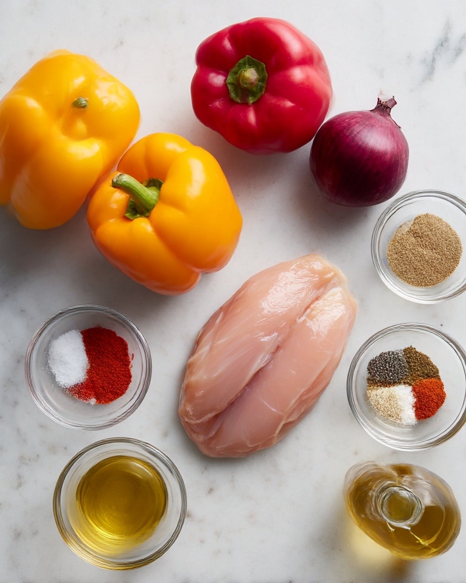 A white marbled surface holds an arrangement of fresh ingredients including two yellow bell peppers with smooth, shiny skin, one large red bell pepper, and a whole red onion with a deep purple color and papery outer layer. Nearby, a clear glass bowl contains two raw, pale pink, skinless chicken fillets with a smooth texture. Small clear glass bowls hold various spices: one with bright red chili powder, another with two peeled garlic cloves, and a third with a mix of spices including white salt, black pepper, brown and reddish powders. A small transparent bottle of golden olive oil with a spout is also present, completing the colorful, fresh layout. photo taken with an iphone --ar 4:5 --v 7