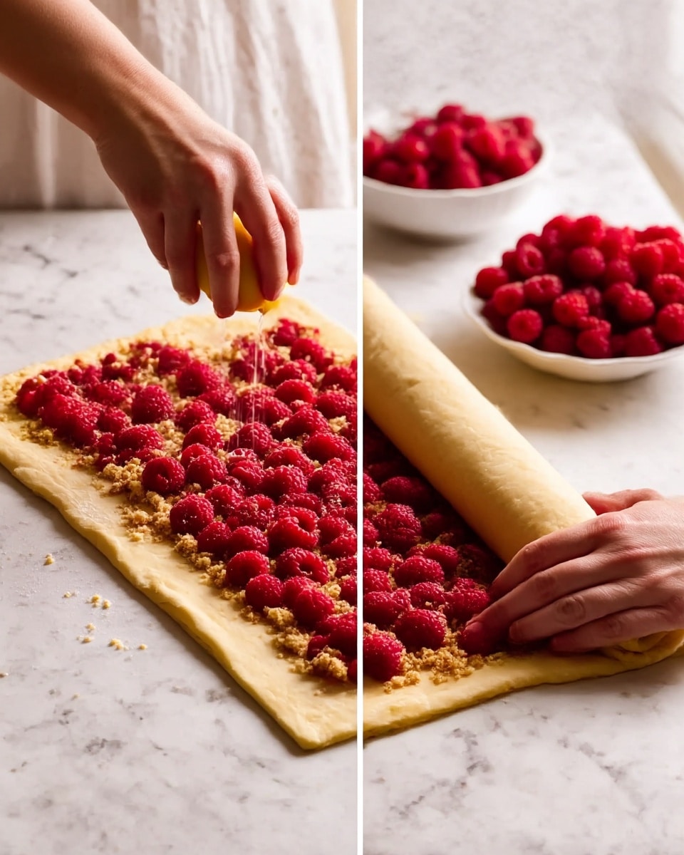 The image shows a rectangular dough laid on a white marbled surface. It is covered with a layer of small brown crumbs, followed by a generous layer of bright red raspberries spread evenly across the dough. On the left side, a woman's hand is squeezing a lemon over the dough and raspberries, with drops falling from the lemon. On the right side, two woman's hands are rolling the dough tightly into a cylindrical shape starting from one edge. The dough looks soft and smooth while the raspberries add rough texture and vibrant color to the scene. A white bowl filled with more raspberries is visible in the background. Photo taken with an iphone --ar 4:5 --v 7
