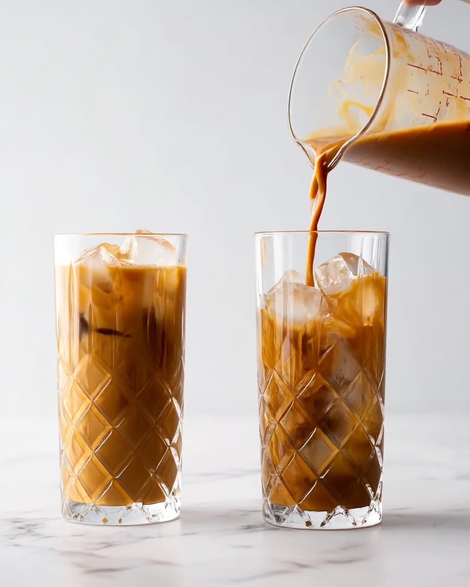 Two tall clear glasses with diamond pattern are placed on a white marbled surface. The glass on the left is filled with a light brown iced drink, with visible ice cubes floating at the top. The glass on the right contains several ice cubes and light brown drink is being poured into it from a clear measuring jug, showing the liquid swirling and mixing with the ice. The background is plain white. photo taken with an iphone --ar 4:5 --v 7