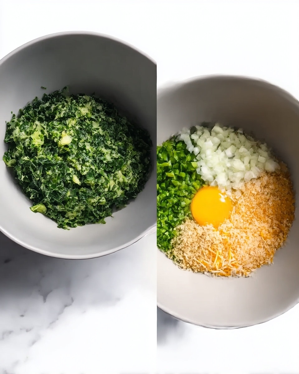 The image shows two large white bowls on a white marbled surface. The bowl on the left is filled with finely chopped green vegetables that have a soft, leafy texture. The bowl on the right has four distinct layers arranged in sections: bright green chopped vegetables at the base, a pile of small white onion pieces, a heap of light brown breadcrumbs, a yellow raw egg yolk, and a small mound of shredded orange and white cheese. The colors are clear and the textures range from soft and leafy to crumbly and smooth. photo taken with an iphone --ar 4:5 --v 7