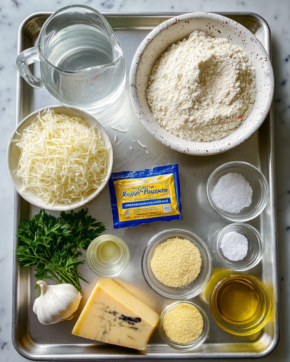 A metal tray holds several ingredients arranged neatly. At the top right, a large white speckled bowl is filled with a mound of white flour showing a scoop taken out in the middle. To its left is a clear glass pitcher filled with water, sitting on the tray. Below the pitcher, a smaller white bowl overflows with shredded white cheese. In the center of the tray sits a small yellow and blue packet of rapid rise yeast. Just right of the yeast packet is a small clear glass with a pale yellow liquid, and below that is a glass bowl with white granulated sugar. At the bottom right corner, another small clear glass holds golden olive oil. The bottom left side has a small bowl of pale yellow cornmeal next to fresh green parsley sprigs and two whole white garlic bulbs. A block of yellow cheese with black and red markings lies horizontally near the bottom center. The tray is placed on a white marbled surface. Photo taken with an iphone --ar 4:5 --v 7