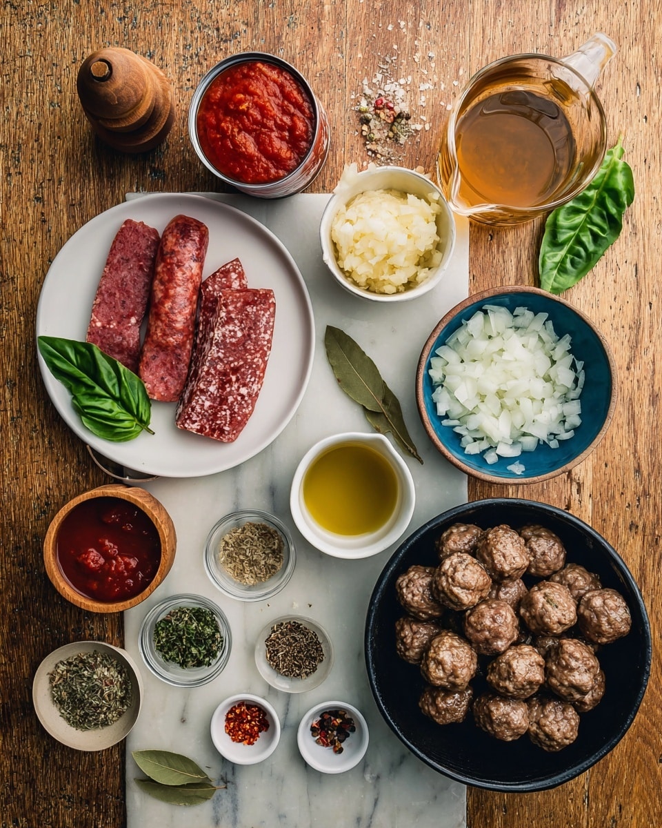 A top view of various ingredients arranged neatly on a wooden table with a white marbled texture background replaced: at the bottom left, a white plate holds two reddish-brown sausages and three pieces of red marbled raw meat with a green basil leaf on the side; above the plate, a can of red crushed tomatoes sits next to a small white bowl filled with minced garlic; to the right, a blue bowl is filled with chopped white onions; at the top right, a black bowl holds many cooked brown meatballs with some browned edges; scattered around are small white bowls with different dried herbs, a small white scalloped dish with red chili flakes, a small white bowl with dark red tomato paste, a tiny white bowl with light green herbs, a cup with light golden olive oil, and wooden salt and pepper bowls with a dry bay leaf next to them; a glass pitcher of brown broth is placed at the top left. photo taken with an iphone --ar 4:5 --v 7