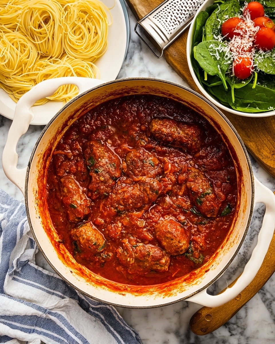 A large white pot filled with thick, rich red tomato sauce that has visible herbs and spices. Inside the sauce, there are several browned sausages and meatballs, fully covered but visible through the thick sauce. To the left of the pot, there is a white plate with a pile of plain yellow spaghetti noodles. To the right, there is a white bowl containing fresh green spinach leaves topped with a few bright red grape tomatoes and a light sprinkling of grated cheese. The background is a white marbled surface, with a white and blue striped cloth near the pot and a grater with a wooden handle resting nearby. Photo taken with an iphone --ar 4:5 --v 7