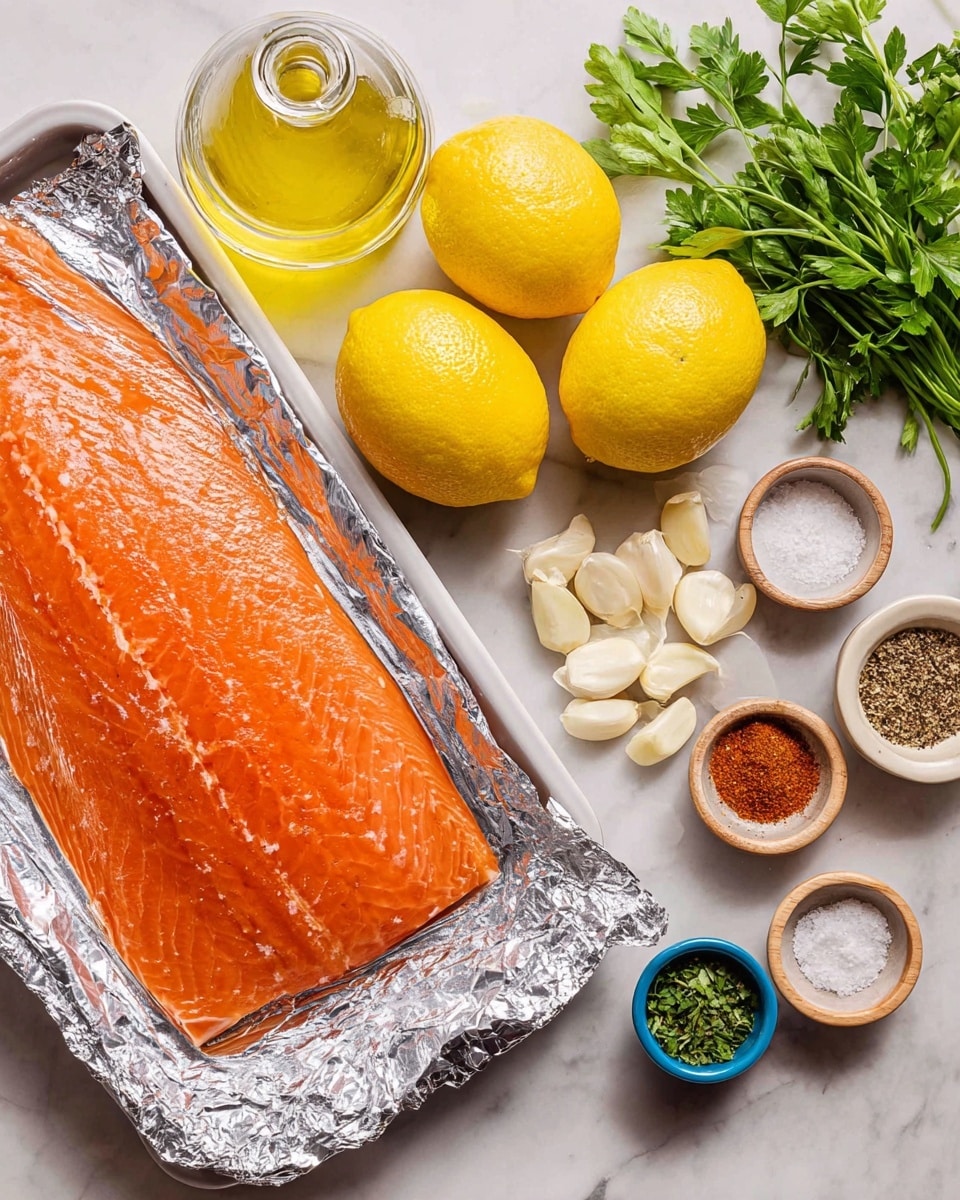 A large, bright orange salmon fillet rests on a white tray covered partially with shiny silver foil on the left side of the image. To the right, three whole yellow lemons are arranged near a clear glass bottle of light yellow olive oil. Below them, there are six white garlic cloves spread out. Around the lemons and garlic, six small bowls hold white salt, black pepper, reddish paprika, and a green herb mix. Fresh green parsley leaves are seen at the top right corner on a white marbled surface photo taken with an iphone --ar 4:5 --v 7