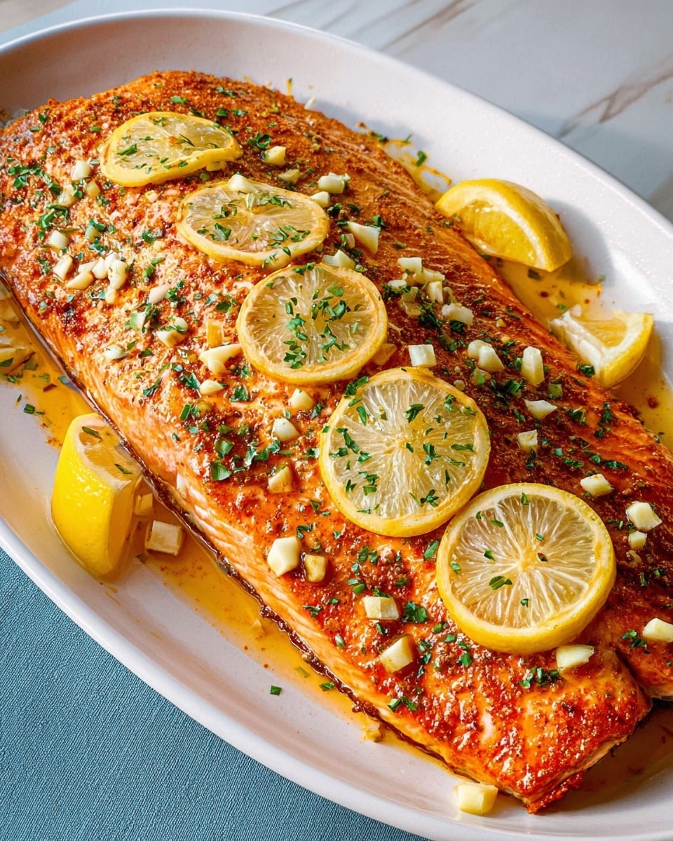A large, cooked salmon fillet with an orange-reddish color sits on a white plate. The top of the salmon is covered with small white garlic pieces, green chopped herbs, and several thin, round yellow lemon slices evenly spread across the surface. Around the salmon fillet are a few lemon wedges. The plate rests on a white marbled surface. The salmon looks juicy and well-seasoned. photo taken with an iphone --ar 4:5 --v 7