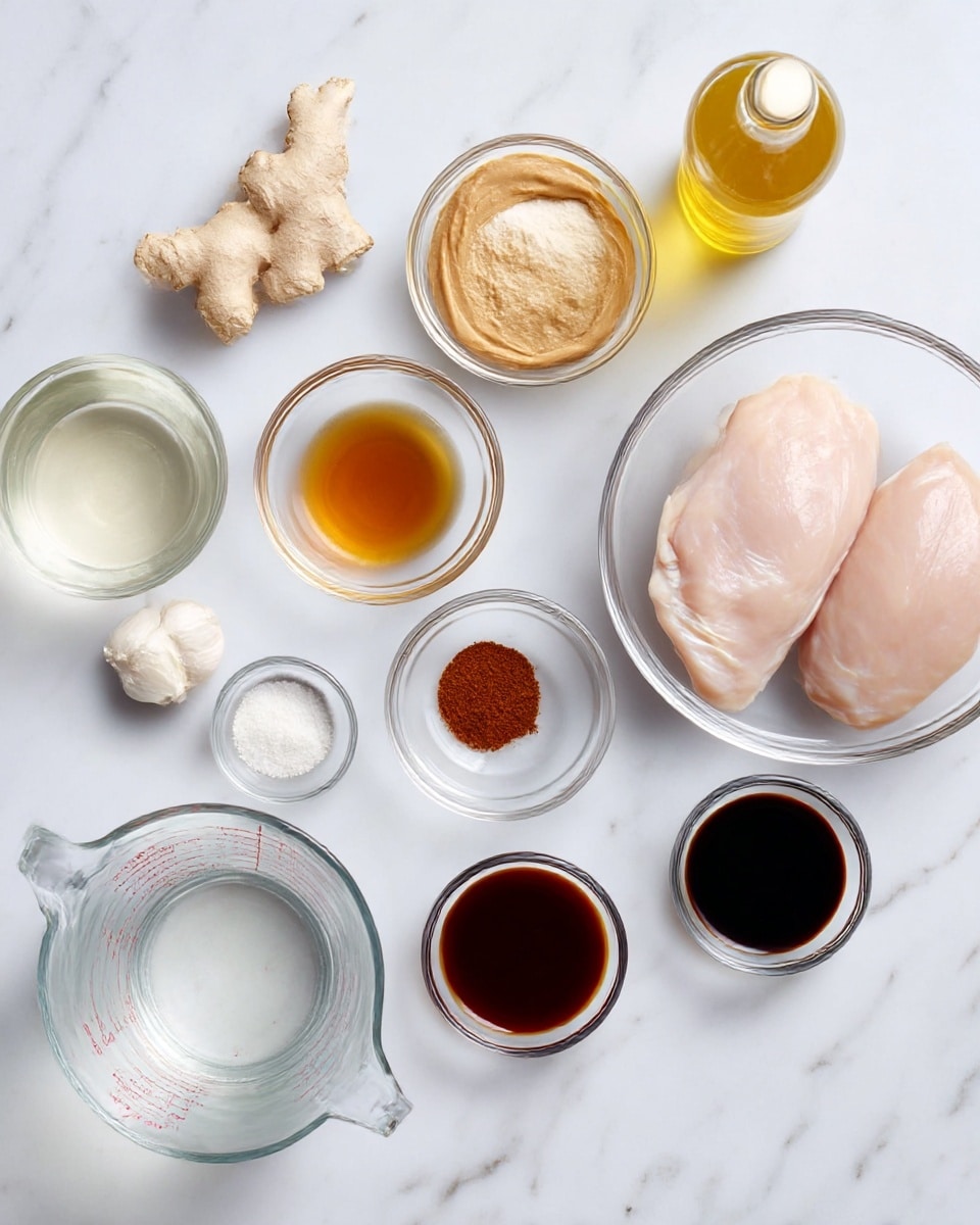 The image shows a clean white marbled surface with several clear glass bowls arranged neatly. A large bowl on the bottom right holds two pale pink raw chicken pieces. Moving clockwise, a small round bowl nearby contains a white powder, likely cornstarch. Two garlic cloves sit beside it. A small bowl with light amber liquid is placed next, followed by a tall bottle of yellow oil. At the top center, a mid-sized bowl holds a tan peanut butter-like paste. Further left, fresh ginger root lies beside a small bowl of clear light liquid. Below that is a very small bowl of white granulated salt. A tiny bowl with reddish-brown sauce is nearby, followed by a small bowl with dark soy sauce. Lastly, a clear glass measuring cup with water is positioned near the bottom left. The overall setting is bright and organized, photo taken with an iphone --ar 4:5 --v 7