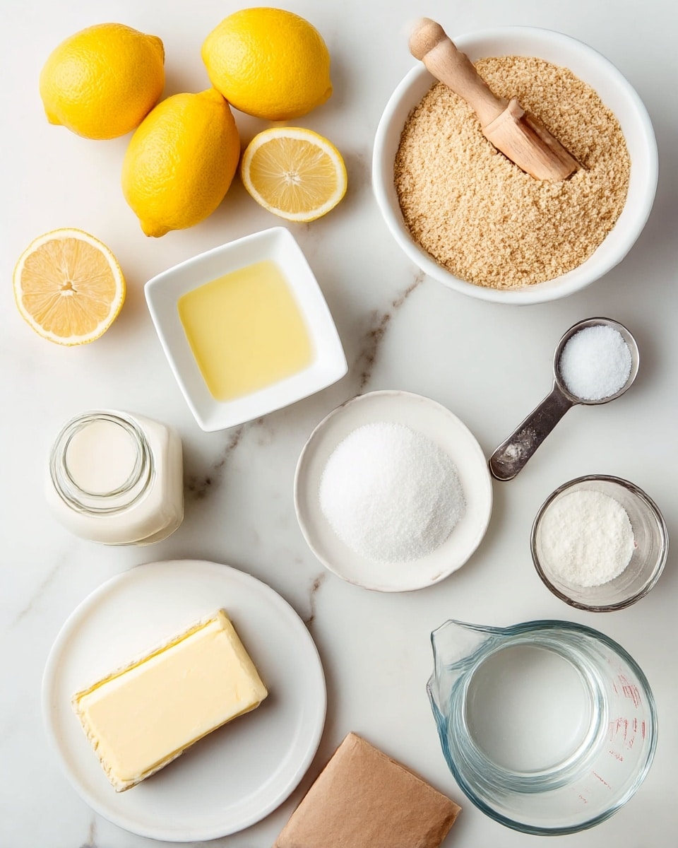Several ingredients are arranged on a white marbled surface. In the top left corner, four bright yellow whole lemons sit together, next to two lemon halves with a wooden lemon squeezer inserted into one. Below the lemons, there is a small white square dish holding light yellow liquid. To the right of this dish, a large white bowl filled with light brown crumbs takes up the upper right area. Near the bowl, a silver measuring cup holds white sugar, while next to it, a stick of butter lays on its side. On the lower left, a glass jar contains a white cream or milk, and beside it, a white round plate holds a block of soft white cheese. A small brown paper bag is open, showing a small pile of salt, and a clear glass measuring cup filled with water is positioned on the bottom right. The photo taken with an iphone --ar 4:5 --v 7