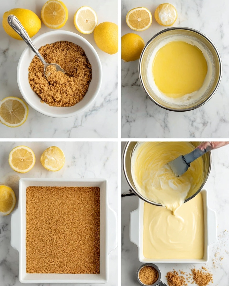 The image shows four steps of making a dessert. The first step has a white bowl filled with a crumbly brown graham cracker mix with a spoon inside, placed on a white marbled surface along with two halved lemons and a white bowl of yellow melted butter. The second step shows a white square dish with the crumbly brown graham cracker crust pressed flat and evenly spread out inside it, sitting on the same white marbled surface with the same lemon halves nearby. The third step features a silver mixing bowl with smooth yellow melted butter, white cream, and a spatula stirring it, surrounded by lemon halves and a bowl with white creamy cheese on the white marbled background. The final step displays the white square dish filled with a smooth, creamy pale yellow layer spread evenly on top of the crust, again on the white marbled surface with lemon halves and a measuring cup of crumbs beside it photo taken with an iphone --ar 4:5 --v 7