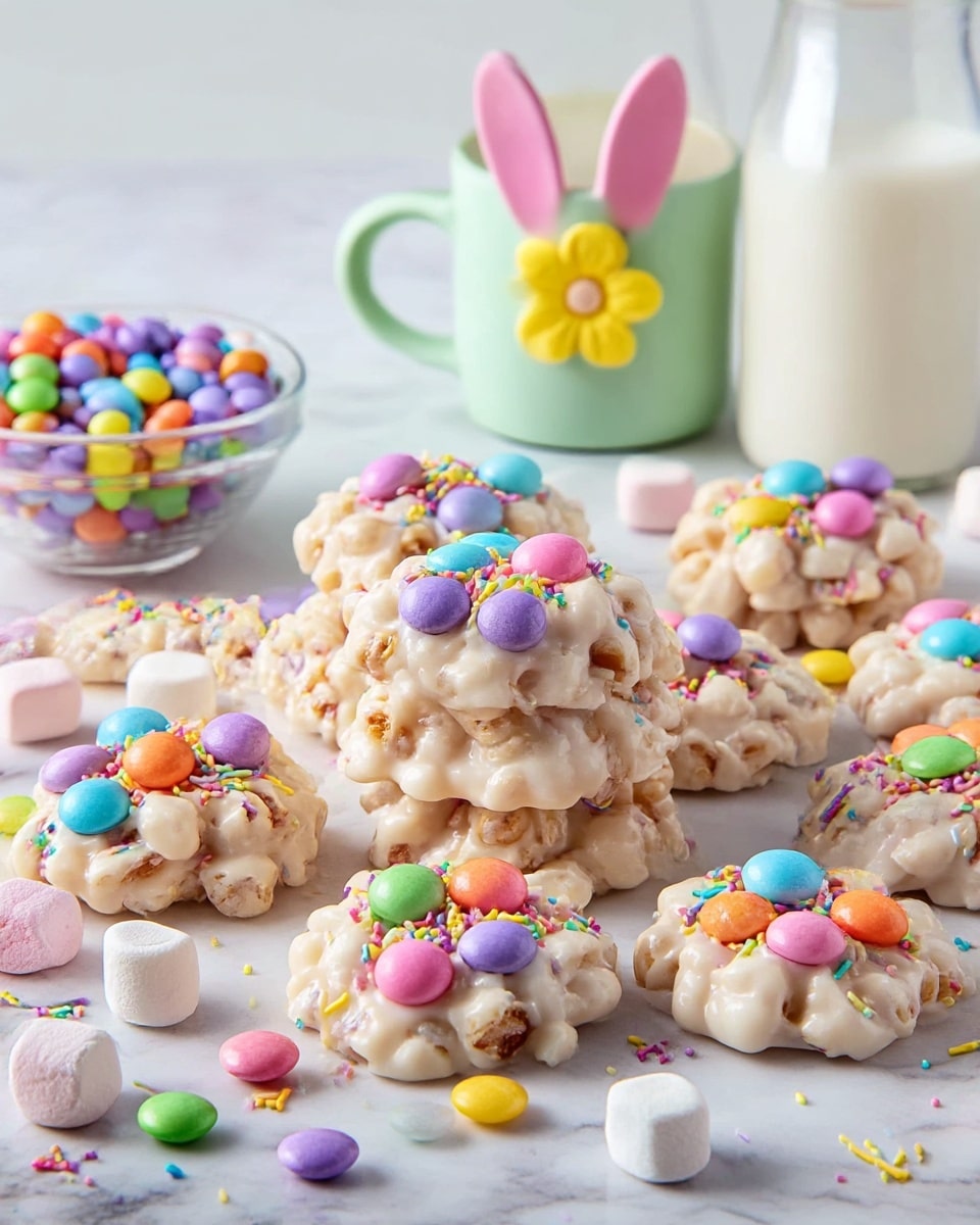 Two pieces of white candy bark stacked with visible large peanut pieces inside, decorated with colorful candy-coated chocolate pieces and pastel sprinkles on top. The texture of the candy looks smooth and slightly glossy with some small air pockets. Around the bark, there are scattered yellow, blue, purple, pink, and green round candies, small white marshmallows, and multicolored sprinkles on a white marbled surface. Behind the candy bark, there is a white ceramic mug decorated with pastel pink bunny ears and a yellow flower on a mint green background. Photo taken with an iphone --ar 4:5 --v 7
