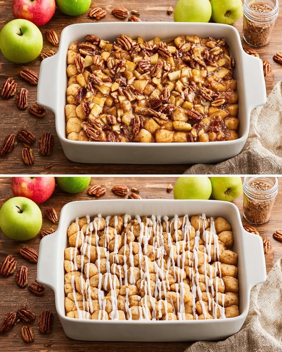 Two images show a white rectangular baking dish filled with a layered dessert. The bottom layer is made of small, soft, light brown round dough pieces arranged tightly. The middle layer includes small golden brown cooked apple chunks mixed with pecan nut pieces scattered evenly on top of the dough. In the second image, the dessert is topped with a drizzle of white icing, lightly covering the apple and pecans. The dish sits on a wooden table with scattered pecans, two apples (one green and one red), a spice jar, and a beige cloth nearby. The photo taken with an iphone --ar 4:5 --v 7