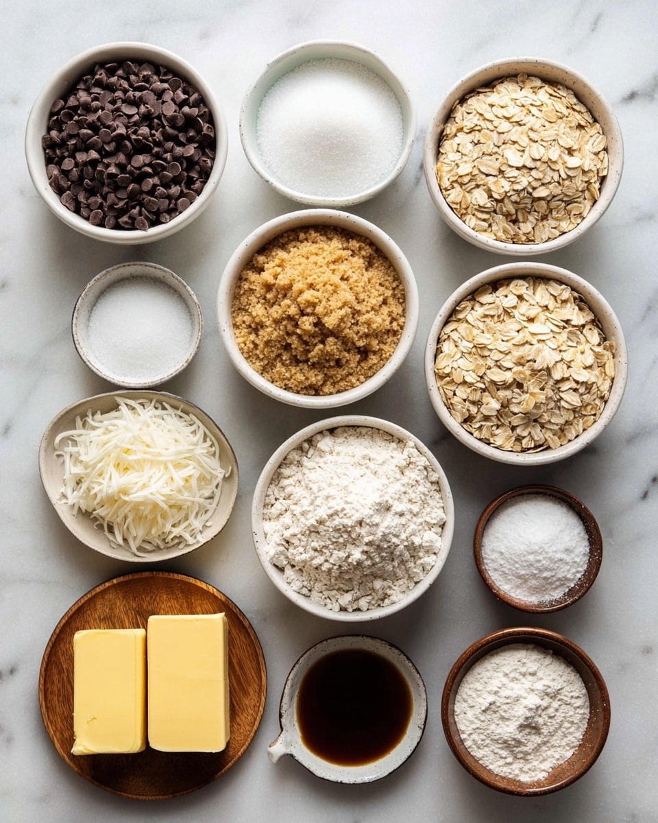 The image shows various baking ingredients neatly arranged on a white marbled surface. There are ten white bowls of different sizes: one filled with dark brown chocolate chips, one with white granulated sugar, one with rolled oats in a light beige color, one with light brown packed brown sugar, one with fine salt, one with shredded white coconut, and one with all-purpose flour that looks fluffy and white. Two sticks of yellow butter are placed at the bottom, next to two brown eggs and a small bowl of dark brown vanilla extract on a small wooden plate. Alongside these are three small brown bowls with white powders in them, likely baking powder and baking soda, and a tiny bowl with a small amount of clear liquid. The setup looks clean and organized, ready for baking preparation, photo taken with an iphone --ar 4:5 --v 7