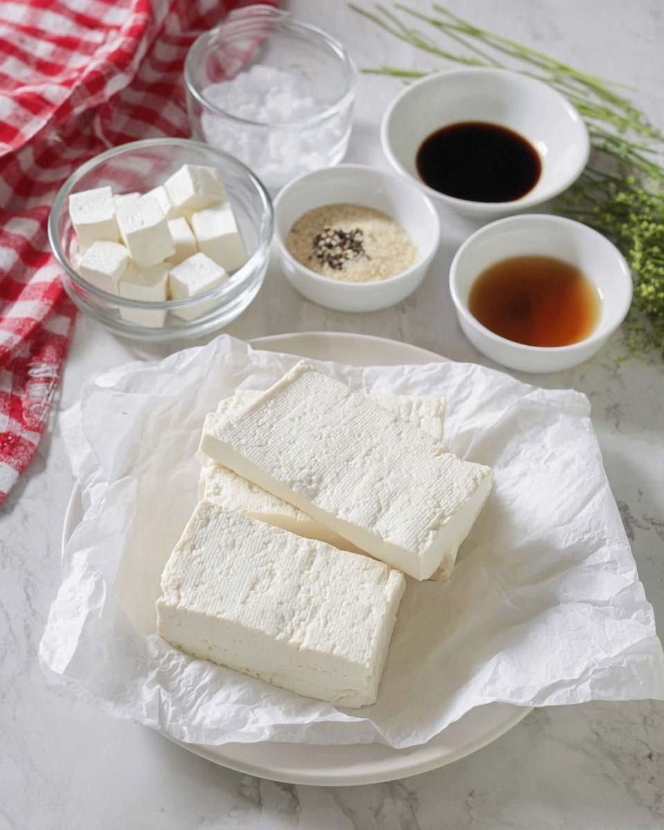The image shows a white plate lined with white paper towels holding two layers of tofu blocks, one block is whole and the other is cut into two smaller pieces, both with a soft, slightly wrinkled white texture. Behind the plate are five small white bowls arranged on a white marbled surface; one clear glass bowl contains white powdery cubes, one white bowl has a small amount of black pepper and salt, another has a dark brown liquid, the next bowl contains a clear light liquid, and the last holds light beige granular seasoning. A red and white checkered cloth is partially visible in the top left corner and some green herbs lay near the top right corner. Photo taken with an iphone --ar 4:5 --v 7