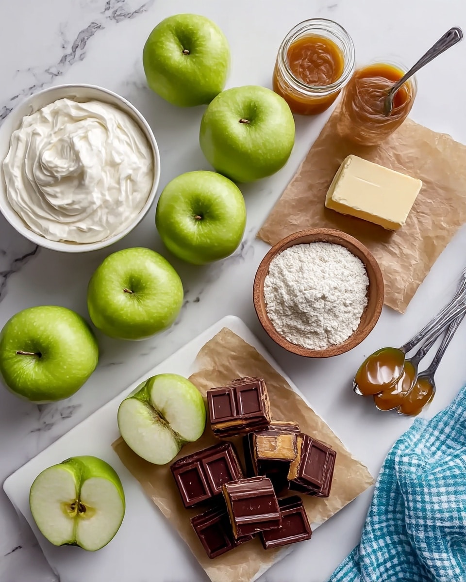 The image shows six whole green apples arranged in two rows on a white marbled surface. To the upper left of the apples, there is a white bowl filled with thick white cream. Beside this bowl is a small jar with caramel sauce and a silver spoon inside. Close to the apples is a square of butter on brown parchment paper. To the right of the apples is a small wooden bowl filled with white flour. Near the bottom left of the image, there is a white cutting board holding halved and full square pieces of milk and dark chocolate with caramel inside. Two silver spoons with caramel sauce rest near the top right corner of the cutting board, and a blue and white checkered cloth is visible at the lower right side. Photo taken with an iphone --ar 4:5 --v 7