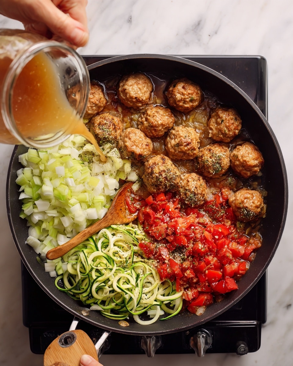 The image shows a cooking process in eight steps with meatballs and sauce in a black frying pan on a stove. First, raw meatballs, light brown and textured, are placed close together in the pan. Then the meatballs turn golden brown and are gathered on one side of the pan. Next, diced celery, small and pale green, with some white bits, fills the empty side of the pan while meatballs stay on the other side. In the next step, bright red diced tomatoes with greenish dried herbs and dark seasoning are added on top of the celery with meatballs around the edges. A woman's hand is seen pouring light brown broth from a glass jar into the pan over the meatballs and tomato mixture. The sauce starts bubbling gently as the meatballs cook inside it. Then, raw zucchini spirals, pale green with white centers, are added on top of the meatballs and sauce, while a wooden spoon stirs the mix. Finally, a woman's hands cover the black pan with a foil lid, ready to cook further. The scene is set on a white marbled surface. Photo taken with an iphone --ar 4:5 --v 7