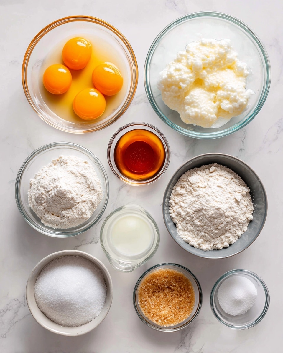 A top-down view of nine clear glass bowls arranged on a white marbled surface, each filled with different ingredients for making castella. The largest bowl at the top right holds glossy, slightly bubbly egg whites. To the left, a smaller bowl contains four bright orange egg yolks. Below these, a gray bowl is filled with fine white bread flour, while next to it a smaller glass bowl holds white cake flour with a small mound in the center. At the bottom left, a glass bowl is packed with coarse white sugar with soft clumps. To its right, a tiny glass cup holds warm amber honey. Next to it, a similarly small glass container is filled with clear oil. Above the oil, a small glass bowl contains white milk, and at the bottom right, a small bowl is filled with coarse light brown sugar crystals. The ingredients are labeled with simple black text boxes and arrows. The entire setup is neat and bright, emphasizing the textures and colors of each ingredient. Photo taken with an iphone --ar 4:5 --v 7