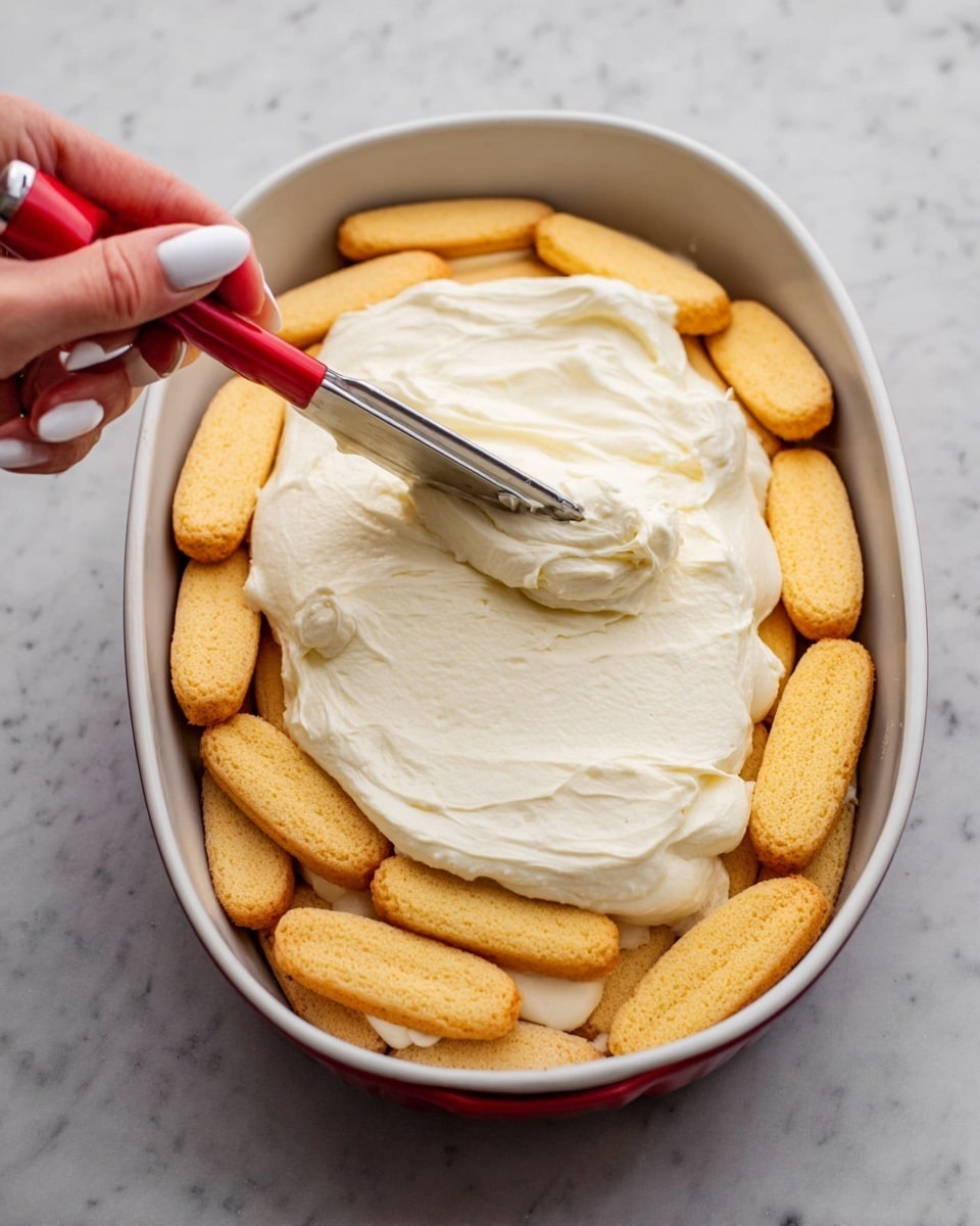 A white oval baking dish sits on a white marbled surface, filled with a single layer of light golden ladyfinger cookies neatly arranged at the bottom. On top of the ladyfingers, there is a thick, creamy off-white layer of mascarpone mixture being spread with a small spatula that has a red handle. A woman's hand with white nail polish holds the spatula, gently smoothing the creamy layer over the cookies. The contrast between the soft, smooth cream and the slightly rough texture of the ladyfingers is clear, with the baking dish's clean edges framing the scene. Photo taken with an iphone --ar 4:5 --v 7