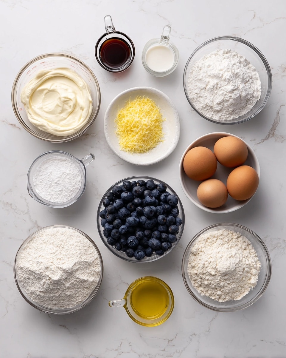 The image shows a white marbled surface with several clear glass bowls and measuring cups arranged neatly, each holding different ingredients. From left to right and top to bottom, there is a small measuring cup with light cream liquid, a bowl of thick white cream, a tiny bowl of dark brown liquid, a small bowl with white powder, and a large bowl filled with dark blue fresh blueberries. In the middle are two brown eggs, a small bowl with pale yellow grated zest, and a medium bowl filled with white flour. Below are a bowl of fine white sugar and a measuring cup with golden yellow oil. Everything is clean and organized, with each ingredient distinctly visible. Photo taken with an iphone --ar 4:5 --v 7