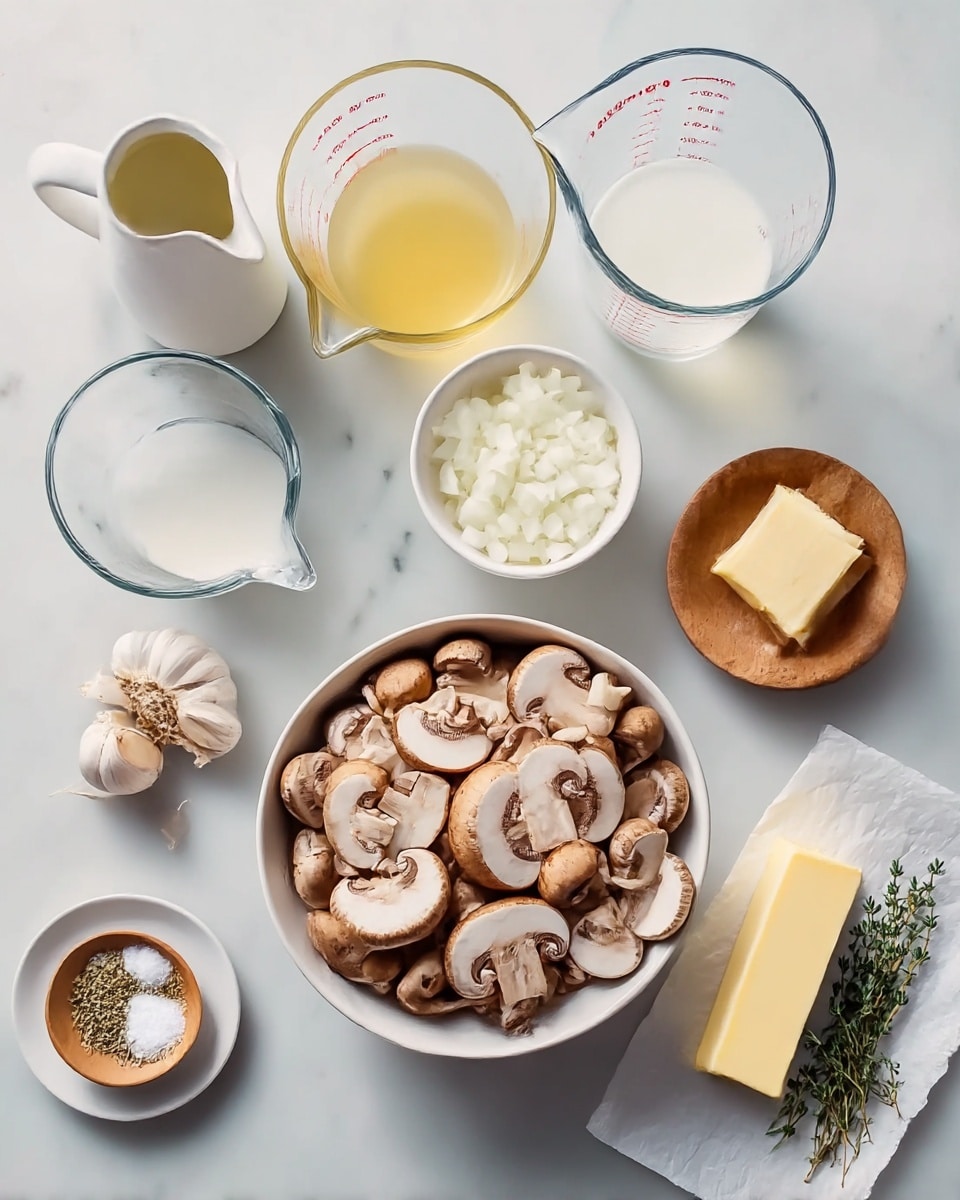The image shows a collection of cooking ingredients placed neatly on a white marbled surface. In the center, there is a white bowl filled with sliced and whole brown mushrooms, creating a mix of light brown and cream colors with soft textures. Around it, there is a small white bowl with diced white onions, a clear measuring cup filled with a light yellow liquid broth, and another clear measuring cup with clear water. To the side, there is a white jug containing milk, two peeled garlic cloves on a small white plate, and a small wooden bowl with white salt. Additionally, there is a small wooden spoon with dried herbs, a stick of butter on a piece of white parchment paper, and a sprig of fresh green thyme. The setup is simple and clean, showing natural colors and textures of fresh ingredients. photo taken with an iphone --ar 4:5 --v 7