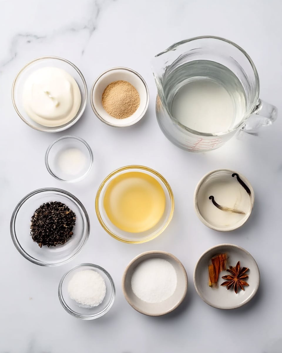 Seven small clear glass bowls and two small white bowls hold different ingredients on a white marbled surface. From top left, there is a bowl with white cream, a small white bowl with light brown powder, a clear glass bowl full of black tea leaves, a small clear bowl with clear liquid, a large clear measuring jug with water, a small clear bowl with light yellow liquid, a small white bowl with white granulated sugar, and a small light gray bowl with anise star, cinnamon stick, cardamom pods, and a vanilla bean. Everything is arranged neatly and evenly spaced. Photo taken with an iphone --ar 4:5 --v 7