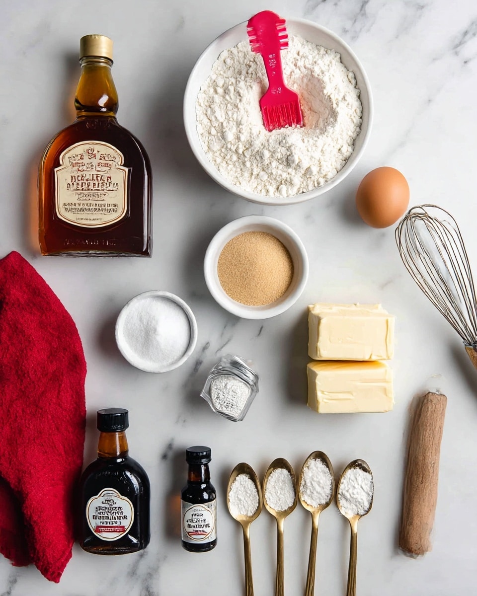 The image shows an arrangement of baking ingredients on a white marbled surface. In the top left corner, there is a brown glass bottle of maple syrup, next to a white bowl filled with white flour with a pink measuring spoon inside. Below the syrup, a small white bowl holds light brown sugar. To the right of the sugar, there is a single brown egg and two sticks of butter stacked horizontally in white wrappers. Below these items, there is a small clear salt shaker, a small black bottle of maple extract, and a dark brown bottle of vanilla extract. Next to these, three gold measuring spoons with white powdery ingredients are placed side by side. A red kitchen towel and gold measuring spoons are in the bottom left corner. A metal whisk with a wooden handle rests in the top right corner. The overall setup is neat and organized, highlighting each ingredient clearly. photo taken with an iphone --ar 4:5 --v 7